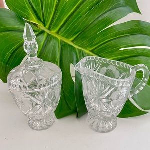 MCM Art Deco Vintage Pressed Glass Creamer and sugar bowl with lid Star of David